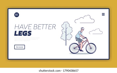 Man riding bike. Template landing page with cartoon male character in helmet on bicycle ride outdoors over nature background. Sport and healthy lifestyle concept. Linear vector illustration