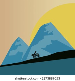 man riding bike for travel with bikepacking with mountains background