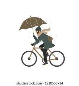 man is riding bike under the rain holding umbrella isolated vector  illustration autumn fall winter  scene