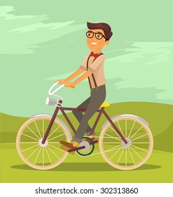 Man is riding bike. Vector flat cartoon illustration