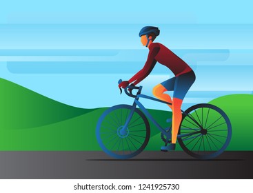 man riding bike vector illustration with landscape background