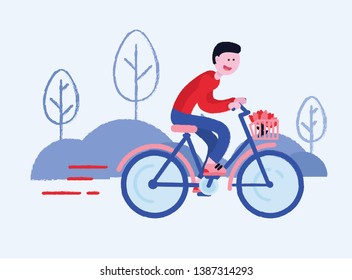 Man riding a bikycle. Fast bike with a basket. Vector iilustration