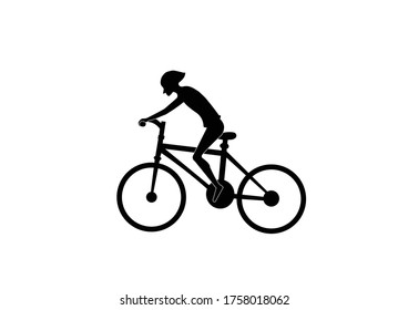 A man riding a black bicycle on a white background