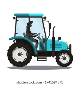 Man Riding Blue Tractor Isolated on White Background Vector Illustration