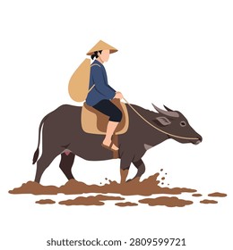 Man riding buffalo flat vector illustration isolated for rural agriculture.