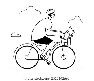 Man riding a byke. Young guy in helmet and sportswear drives a bicycle and carries a small dog in a basket. Black and white outline vector illustration isolated on white background.