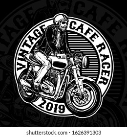 man riding cafe racer custom motorcycle vector badge