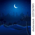 Man riding camel in desert night with mosque and crescent moon background, arabian desert landscape night view, silhouette vector illustration, Islam or Ramadan concept