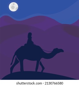 Man riding a camel in the desert at night , night background desert