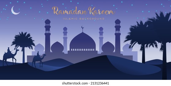 Man riding camel in desert night with mosque and crescent moon background, arabia desert landscape night view, silhouette vector illustration, Islam or Ramadan concept