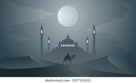 Man riding camel in desert night with mosque and crescent moon background, arabia desert landscape night view, gray silhouette vector illustration, Islam or Ramadan concept