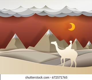 Man riding a camel in the desert at night vector paper art cute illustration paper cut