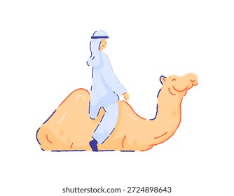Ein Mann auf einem Kamel. Lustige, süße und bezaubernde Kamele. Tiere und Menschen aus dem Nahen Osten. Flaches Zeichendesign, Umriss, Stift. Weißer Hintergrund.