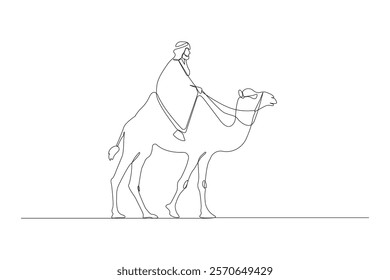 Man riding camel line art drawing. Camel outline vector illustration.