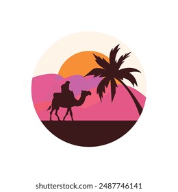 man riding a camel logo shown with sunset sky view isolated white background. Best for badge, emblem and sticker design. vector illustration available in eps 10.