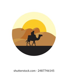 man riding a camel logo shown with sunset sky view isolated white background. Best for badge, emblem and sticker design. vector illustration available in eps 10.