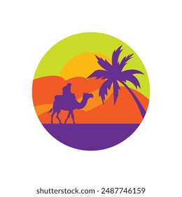 man riding a camel logo shown with sunset sky view isolated white background. Best for badge, emblem and sticker design. vector illustration available in eps 10.