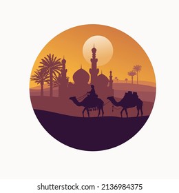 Man riding camel with mosque in the Desert in circle Background