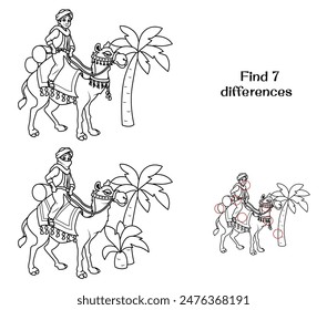 A man riding a camel near a palm tree. Find 7 differences. Tasks for children. Vector illustration