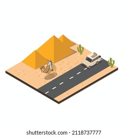 Man riding camel next to pyramid isometric 3d vector illustration concept banner, website, landing page, ads, flyer template