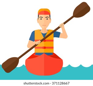 Man riding in canoe.