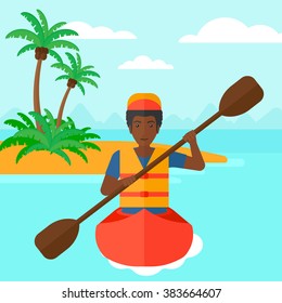 Man riding in canoe.