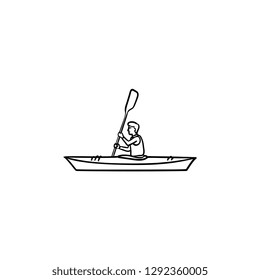 Man riding canoe hand drawn outline doodle icon. Water sport competition, kayaking, travelling concept. Vector sketch illustration for print, web, mobile and infographics on white background.