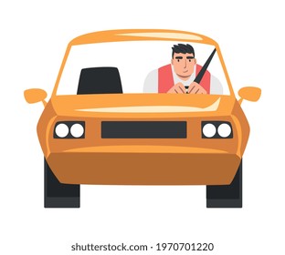 Man Riding Car, Front View of Male Driver Driving Yellow Vehicle Cartoon Vector Illustration
