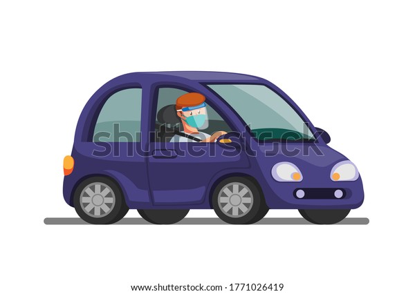 Man riding car wear mask and\
face shield. drive thru, and rapid test symbol in new normal\
activity. concept in cartoon illustration vector on white\
background