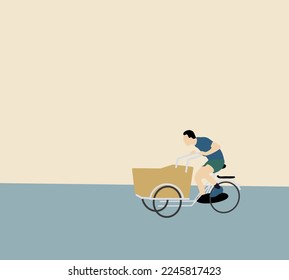 Man riding cargo bike delivery package through the city, Bicycle delivery man carrying package. Ecological city transport.
