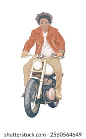 A man riding classic motorbike, vector illustration style