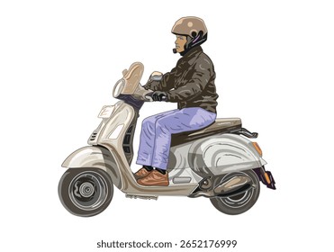Man Riding a Classic Scooter with Helmet, Illustration Technique.