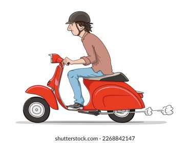 Man is Riding a Classic Scooter, vector cartoon illustration isolated, eps