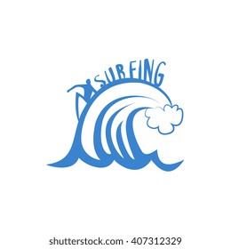 Man  Riding The Crest Of Wave Blue Silhouette Stylized Design Vector Print On White Background