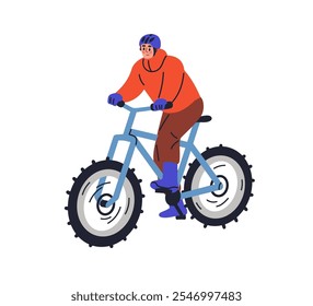 Homem andando, ciclismo de bicicleta de pneu gordo resistente no inverno, tempo frio. Ciclista em capacete, aventura ao ar livre, viajar em bicicleta de montanha offroad. Ilustração de vetor plano isolada no plano de fundo branco