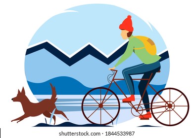 Im Winter fährt man mit einem Hund im Wald. Vektorgrafik des Konzepts der Outdoor-Aktivitäten, Outdoor-Aktivitäten, Radfahren.