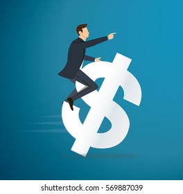 a man riding dollar icon vector. business concept illustration. way to success. 
