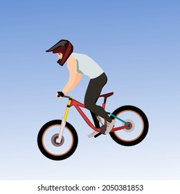 A man riding a downhill bike jumps in midair.with the sky in the background.vector illustration.