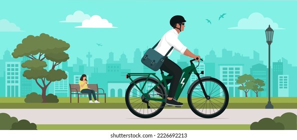 Man riding an eco  friendly electric bike in the city street  sustainable mobility concept