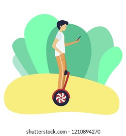 Man riding  ecological vehicle, battery powered self balancing electrical scooter. character design, vector flat illustration.