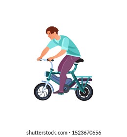 A man riding an electric bike with pedals. Vector illustration in a flat cartoon style.