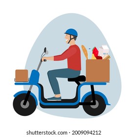 Man riding electric bike scooter with boxes. Man wearing helmet. Urban vehicle, city eco friendly transportation. Food Delivery service. Flat vector illustration