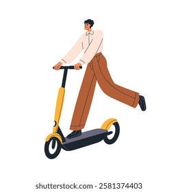 Man riding electric kick scooter. Happy carefree business person on modern urban eco transport. Male on mobile vehicle during city travel. Flat vector illustration isolated on white background