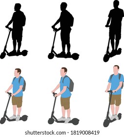 man riding electric scooter silhouettes and color illustration - vector