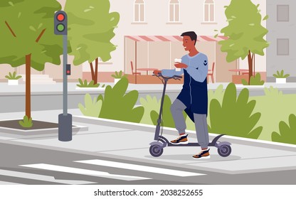 Man riding electric scooter, standing on pedestrian crosswalk with traffic light
