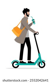 Man riding electric scooter with takeaway drink.