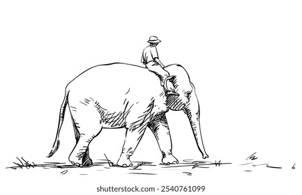 Man riding elephant, Hand drawn illustration, Vector sketch of walking elephant with man on the back