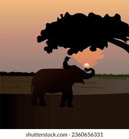 A Man Riding an Elephant in an Savannah Landscape san sky