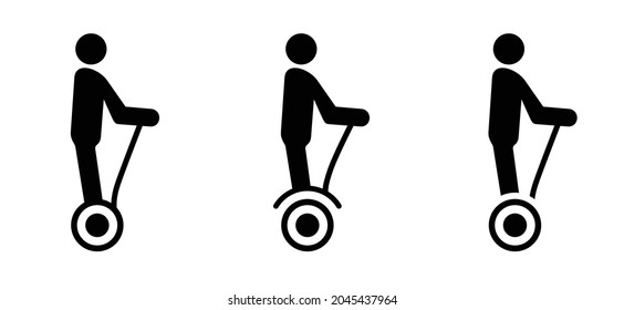 Man riding e-step, silhouette stickman icon or pictogram. Alternative personal transport, stay on a eScooter. Traffic way, city logo. Vector man, stick figure. Wheels symbol
