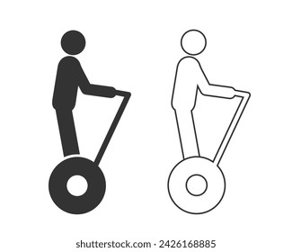 Man riding e-step, silhouette stickman line icon set or pictogram. Vector flat sign